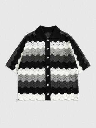 Street Life Men's Loose Knitted Shirt, Knitted Short Sleeve Top