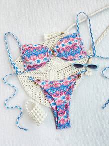 SHEIN 2 pezzi/set Nuovo costume da bagno bikini con nodo laterale a taglio alto e stampa floreale multicolore, per vacanze al mare