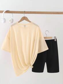 SHEIN 女式休闲创意花卉熊形字母图案印花 T 恤和短裤套装 2 件套休闲套装 女式图案超大 T 恤 女式超大 T 恤 女式好运装 泰迪熊装 超大 T 恤 女式泰迪熊装 女式超大 T 恤 女式好运装