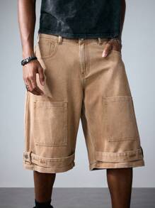 ROMWE MEN Street Life Men's Casual Washed Retro Cargo Jeans - Khaki - View 2