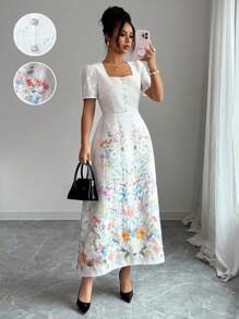 Modelyn French Design Waist Cinching Slimming Dress For Women - Apricot - View 3