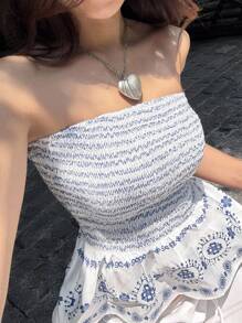 Sunnyshic White Digital Floral Print Cropped Camisole Cinched Waist Flounce Hem Open Back Blouse, Bohemian Romantic Minimalist Elegant Cute Design, Summer Vacation Beach Party Daily Wear Date