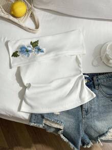 Elamini Damen Sommer Off-Shoulder Raffung Dekorativ Modisches Top