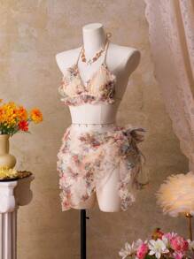 Bellisia Conjunto de maiô feminino Glamour com 3 peças: top triangular, top sem costas com alças finas, saia com babados laterais e laço frontal, biquíni de alta qualidade para festas