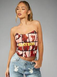 Missguided x Playboy Fitted Corset Bustier Crop Top Party Club Wear Strapless Print Design Modern Fashion Statement Piece Minimalist Aesthetic Wardrobe Essential - Multicolor - View 4