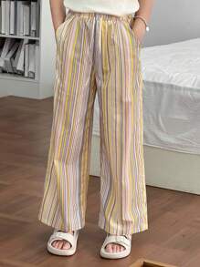 Dazy Kids Tween Girls' Colorblock Striped Print Drawstring Waist Loose Wide Leg Pajama Pants, Spring/Autumn - Multicolor - View 2