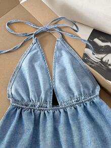 Comfortcana Women's Casual Drawstring Waist Denim Halter Tank Top, Summer,Vacation Outfits Woman,Cute Tops,Country Concert Outfits,Going Out Tops,Y2k Tops,Casual Tops For Woman,Hawaii Outfits Women,Cowgirl Tops Denim Halter Top Denim Top