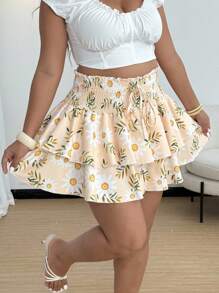 Flirla Plus Size Printed Elastic Waist Double Layer Hem Shorts - Multicolor - View 4