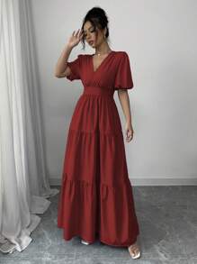 Rafferiza Elegant Casual Resort V-Neck Ruched Flared Maxi Dress With Puff Short Sleeve, Purple, New Arrival Spring/Summer For Women Summer Dress - Burgundy - View 4