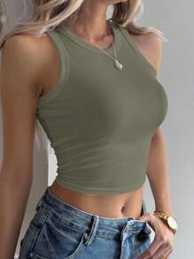 DAZY Women Solid Color Round Neck Cropped Fitted Tank Top - Green - View 3