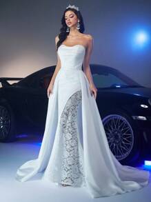 Glamrae Robe élégante et luxueuse avec épaules dénudées, en dentelle et satin, avec des détails froncés, une fente sexy sur la cuisse, et une traîne volantée amovible. Convient pour les mariages, les fêtes, les vacances, les lunes de miel, les robes de mariée.