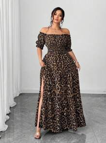 Elenzga Váy maxi hở vai thanh lịch thường ngày màu xanh denim trơn dành cho nữ cỡ lớn, xuân/hè - màu nâu - Xem 6