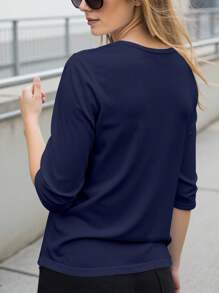 INAWLY Áo thun công sở thanh lịch cổ tròn trơn viền bất đối xứng dành cho nữ - Màu xanh hải quân - Xem 2