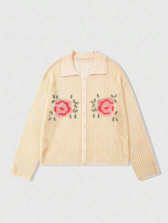 Street Life Men's Long Sleeve Single Breasted Apricot Floral Embroidery Cardigan
