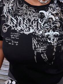 ROMWE Street Life T-shirt court manches courtes imprimé mode grande taille, été - Noir - Voir 2