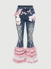 ROMWE Kawaii 大码女式 Y2K 青少年格子蕾丝兔子吊坠蝴蝶结喇叭裤 - 藍色 - 查看 4