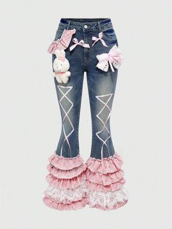 Kawaii Plus Size Women Y2K Teen Plaid Lace Rabbit Pendant Bow Bell Bottom Flare Pants