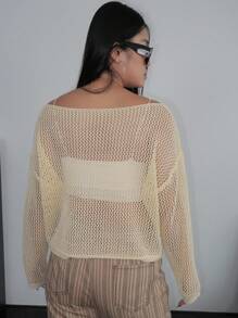 POPSWAY 1pc Women's Plus Casual Loose Comfortable Hollow Out Vacation Sweater Knit Pullover Fall Winter Autumn - Yellow - View 3