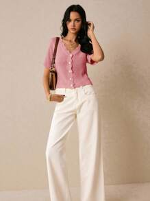 Poéselle 女式纯色拱形V领单排扣短袖休闲针织上衣