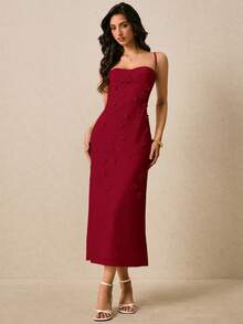 Poéselle 女士优雅 3D 花卉装饰细肩带连衣裙，夏季 - 酒紅色 - 查看 3