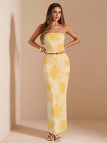 SHEIN BAE 2 piezas Conjunto/Atuendo de mujer para el verano y la playa, estampado floral amarillo, apropiado para resort de isla, fiesta de cumpleaños, festival de música - Amarillo - Ver 3