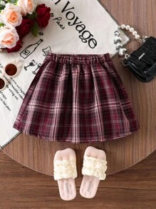 SHEIN 年轻女孩红色格子 A 字褶裙，休闲校服风格，舒适柔软套装，春秋季