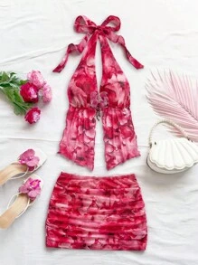 SHEIN x Eduarda Gutierrez Soleia Bộ đồ hở lưng in họa tiết hoa nhuộm loang cho nữ kèm áo vest hoa giả và chân váy mini nhún bèo, thích hợp cho tiệc tùng, hẹn hò, trà chiều, bãi biển, lễ hội, trang phục mùa hè - Đỏ - Xem 6