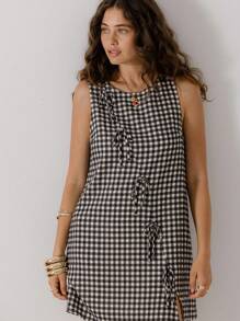 Aralina 休闲女士返校节复古亚麻 Y2k 夏季假期情人节单色格纹直筒迷你连衣裙，带蝴蝶结，非常适合乡村音乐会服装 - 黑色 - 查看 4