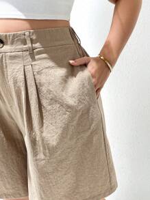 SHEIN Essnce Plus Size Moda Feminina Roupas de Verão Para Mulheres Roupas de Praia Para Mulheres Negócios Casual Mulher Roupas de Trabalho Mulheres Calças Largas Shorts de Cintura Alta Casual Deslocamento Férias Calças de Bolso Cáqui 5 Pontos, Calças de Linho Shorts Para Mulheres Calças Fluídas