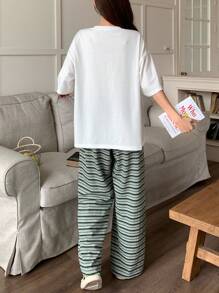 DAZY 女士两件套休闲狗狗印花条纹宽松短袖衬衫和裤子睡衣套装 - 白色 - 查看 2