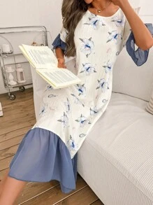 SHEIN Camisón de mujer holgado de manga larga con estampado floral y dobladillo con volantes en contraste