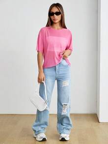 SHEIN PETITE 夏季女性黑色無胸罩下擺垂墜透視網紗上衣 - 粉色 - 查看 7