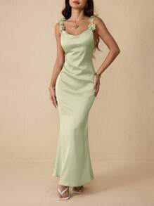 SHEIN PETITE Đầm không tay thanh lịch họa tiết hoa 3D cho nữ - Màu xanh Bạc hà - Xem 2