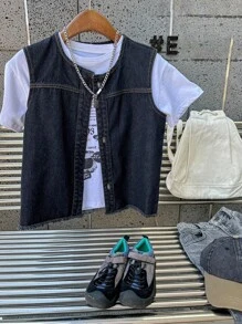 Dazy Kids Chaleco sin mangas de mezclilla para niño preadolescente, otoño - Azul lavado oscuro - Ver 2