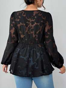 Elenzga Plus Size Women's V-Neck Long Sleeve Cross Tie Bow Waist Sheer Elegant Shirt, Going Out Tops Fall Cloth For Women