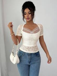 Elenzga Women Muscle Fabric Contrast Mesh Knit Short Sleeve T-Shirt - Apricot - View 3