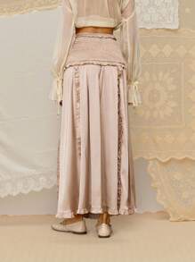 SHEIN MOD Gonna a-line con volant tinta unita da donna, adatta per autunno, rientro a scuola, abbigliamento da ufficio, stile old money, casual business, insegnanti, compleanni, ufficio, stile boho - Cachi - Visualizzare 2