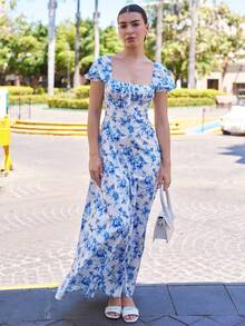 Andrea Bello 女款新款藍白花卉性感方領泡泡袖印花前綁帶連衣裙，波西米亞風連衣裙 - 藍白色 - 查看 6