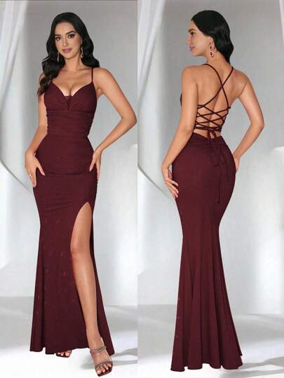 Coutiva Women's Solid Color High Slit Mesh Panel Camisole Formal Evening Gown