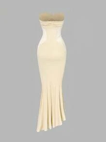 SHEIN Unity Women's Lace Patchwork Solid Color Mermaid Maxi Skirt, Elegant & Romantic, Autumn/Winter - Apricot - View 2