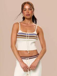 MUSERA Striped Ribbed Knit Cami Only Airport Summer Vacation Holiday Festival Cute Casual Tuscan Sun Comfy Cute Basics Graphic Beach Back To School - White - View 1