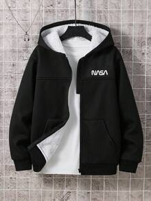 SHEIN 青少年男孩休闲宽松连帽图案夹克，适合运动、上学、春夏秋冬 - 黑色 - 查看 1