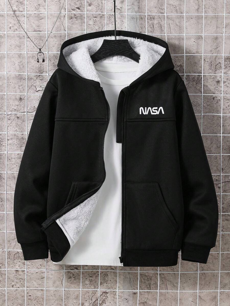 SHEIN 青少年男孩休闲宽松连帽图案夹克，适合运动、上学、春夏秋冬 - 黑色 - 查看 1