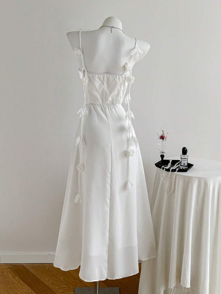 Comfortcana Váy midi dây mảnh buộc phía trước màu trơn thanh lịch cho nữ, mùa hè - trắng - Xem 1