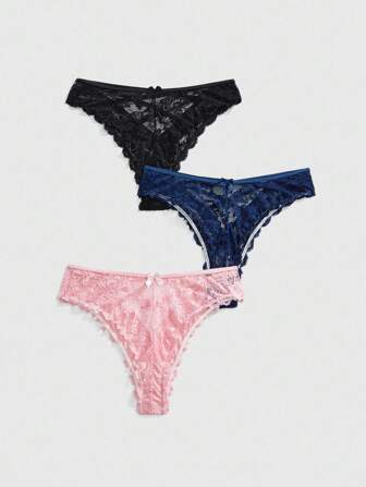 3pcs/Pack Women's Sexy Sheer Butterfly Lace Criss-Cross Thongs