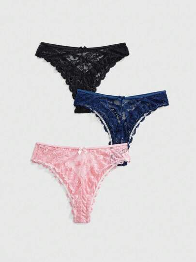 3 pièces/Paquet Tangas ajourés et sexy en dentelle de papillon pour femmes
