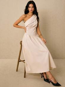 Poéselle Women's Beige Summer Elegant Party Linen Dress,Off-Shoulder Design Solid Color Ruched Mid-Length Sleeveless Dress,Old Money Style Casual Fashionable - Khaki - View 2