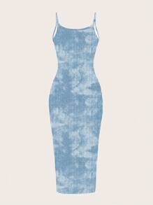 SHEIN EZwear 休闲简约街头风格浅蓝色扎染抽象印花紧身吊带长裙，适合夏季穿着 - 彩色 - 查看 2