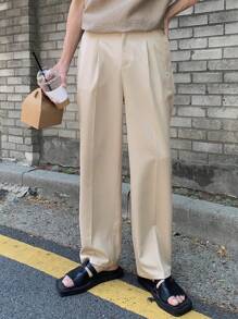 DAZY Pantalones casuales/de oficina color caqui sólido con pliegues para hombre, primavera/verano