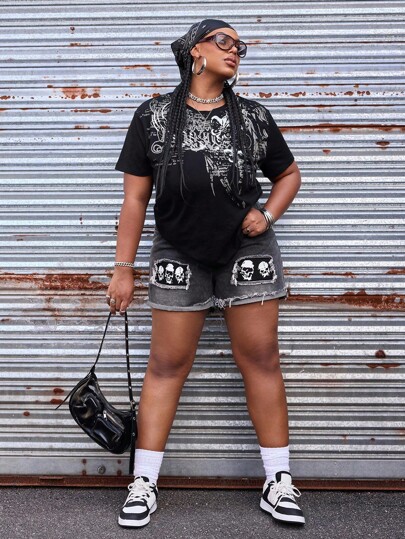 Goth Maglietta a maniche corte con stampa di , estiva, taglie forti